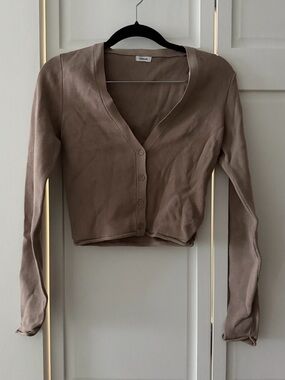 Garage Ribbed Cropped V-Neck Cardigan - Taupe - Size S NWOT